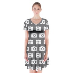 Modern Chic Vector Camera Illustration Pattern Short Sleeve V-neck Flare Dress by GardenOfOphir