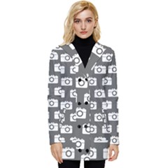 Modern Chic Vector Camera Illustration Pattern Button Up Hooded Coat  by GardenOfOphir