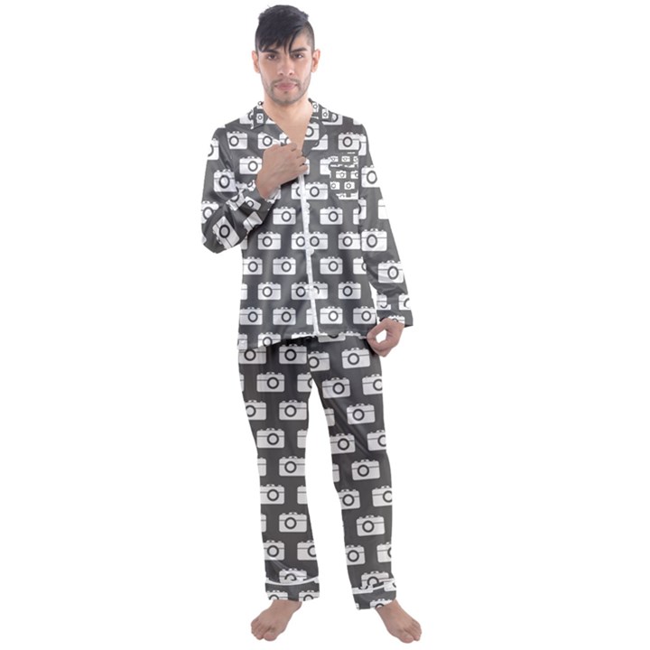 Modern Chic Vector Camera Illustration Pattern Men s Long Sleeve Satin Pajamas Set