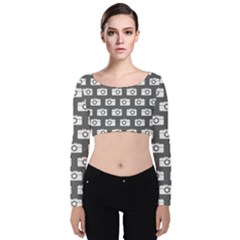 Modern Chic Vector Camera Illustration Pattern Velvet Long Sleeve Crop Top by GardenOfOphir