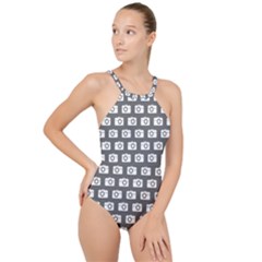 Modern Chic Vector Camera Illustration Pattern High Neck One Piece Swimsuit by GardenOfOphir