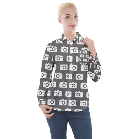 Modern Chic Vector Camera Illustration Pattern Women s Long Sleeve Pocket Shirt by GardenOfOphir