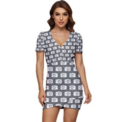 Modern Chic Vector Camera Illustration Pattern Low Cut Cap Sleeve Mini Dress by GardenOfOphir