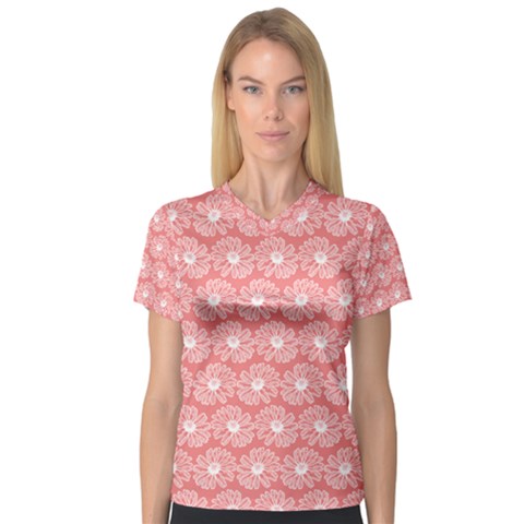 Coral Pink Gerbera Daisy Vector Tile Pattern V-neck Sport Mesh Tee by GardenOfOphir