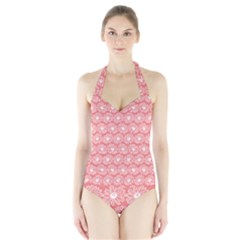 Coral Pink Gerbera Daisy Vector Tile Pattern Halter Swimsuit