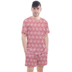 Coral Pink Gerbera Daisy Vector Tile Pattern Men s Mesh Tee And Shorts Set