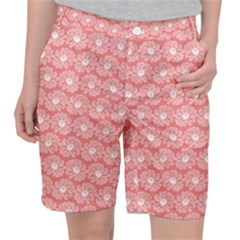 Coral Pink Gerbera Daisy Vector Tile Pattern Women s Pocket Shorts by GardenOfOphir