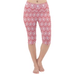 Coral Pink Gerbera Daisy Vector Tile Pattern Lightweight Velour Cropped Yoga Leggings by GardenOfOphir