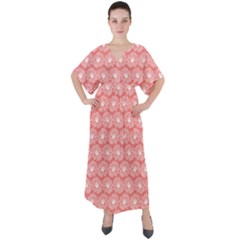 Coral Pink Gerbera Daisy Vector Tile Pattern V-neck Boho Style Maxi Dress by GardenOfOphir