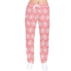 Coral Pink Gerbera Daisy Vector Tile Pattern Women Velvet Drawstring Pants by GardenOfOphir