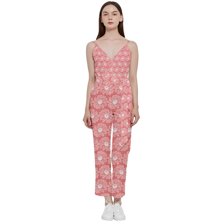 Coral Pink Gerbera Daisy Vector Tile Pattern V-Neck Spaghetti Strap Tie Front Jumpsuit