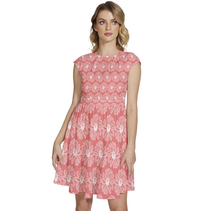 Coral Pink Gerbera Daisy Vector Tile Pattern Cap Sleeve High Waist Dress