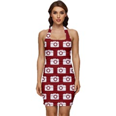 Modern Chic Vector Camera Illustration Pattern Sleeveless Wide Square Neckline Ruched Bodycon Dress by GardenOfOphir