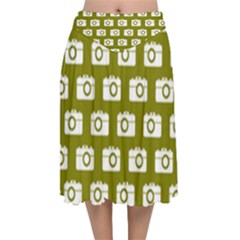 Modern Chic Vector Camera Illustration Pattern Velvet Flared Midi Skirt by GardenOfOphir