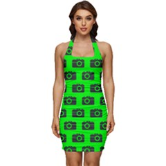 Modern Chic Vector Camera Illustration Pattern Sleeveless Wide Square Neckline Ruched Bodycon Dress by GardenOfOphir