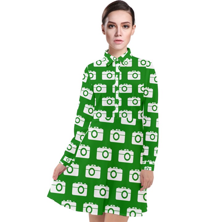 Modern Chic Vector Camera Illustration Pattern Long Sleeve Chiffon Shirt Dress