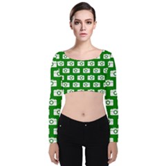 Modern Chic Vector Camera Illustration Pattern Velvet Long Sleeve Crop Top by GardenOfOphir