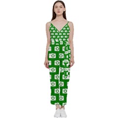 Modern Chic Vector Camera Illustration Pattern V-neck Spaghetti Strap Tie Front Jumpsuit by GardenOfOphir