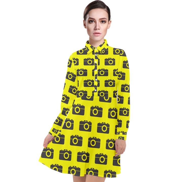 Modern Chic Vector Camera Illustration Pattern Long Sleeve Chiffon Shirt Dress