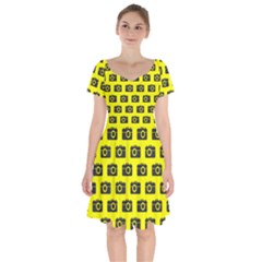 Modern Chic Vector Camera Illustration Pattern Short Sleeve Bardot Dress by GardenOfOphir