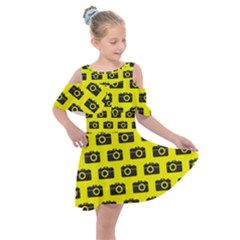 Modern Chic Vector Camera Illustration Pattern Kids  Shoulder Cutout Chiffon Dress by GardenOfOphir