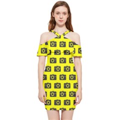 Modern Chic Vector Camera Illustration Pattern Shoulder Frill Bodycon Summer Dress by GardenOfOphir