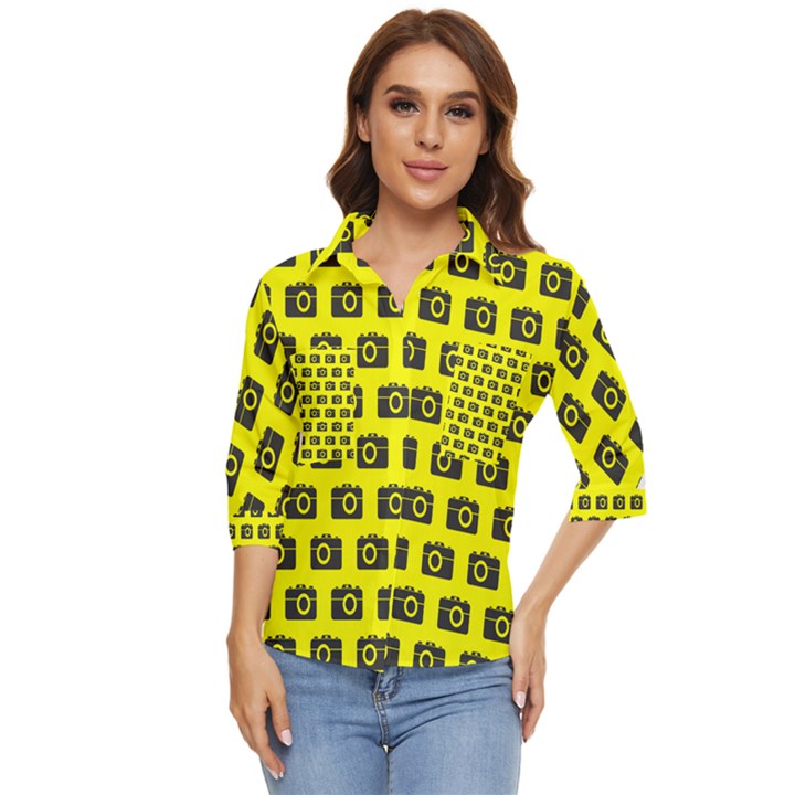 Modern Chic Vector Camera Illustration Pattern Women s Quarter Sleeve Pocket Shirt