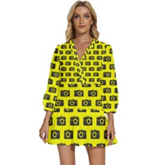 Modern Chic Vector Camera Illustration Pattern V-neck Placket Mini Dress by GardenOfOphir