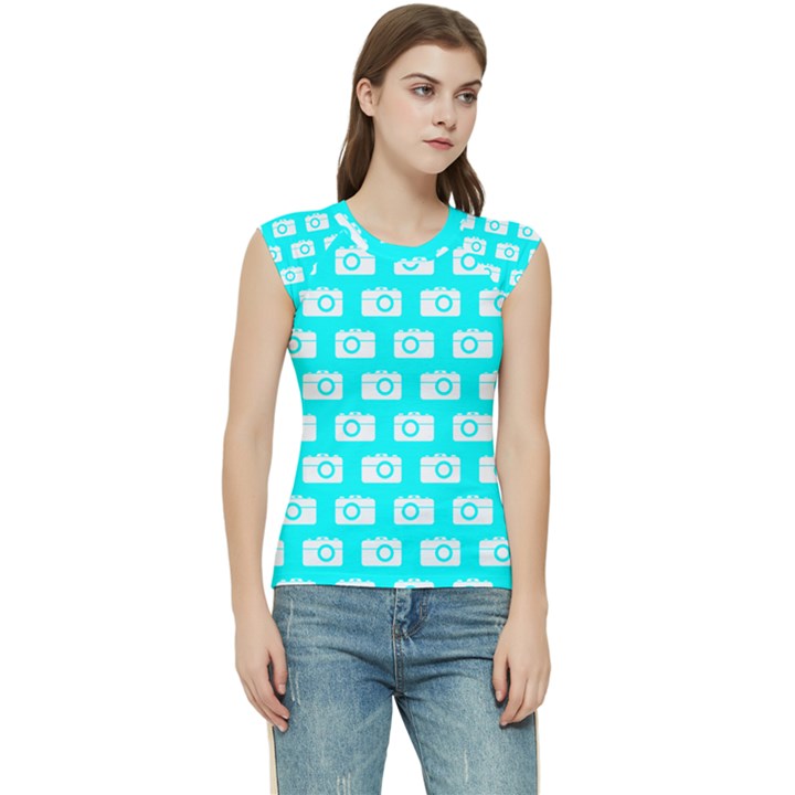 Modern Chic Vector Camera Illustration Pattern Women s Raglan Cap Sleeve Tee