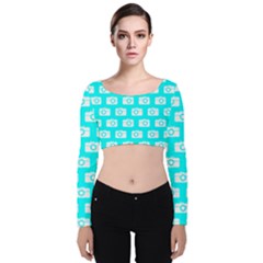 Modern Chic Vector Camera Illustration Pattern Velvet Long Sleeve Crop Top by GardenOfOphir