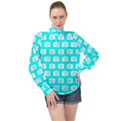 Modern Chic Vector Camera Illustration Pattern High Neck Long Sleeve Chiffon Top by GardenOfOphir