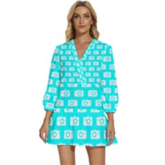 Modern Chic Vector Camera Illustration Pattern V-neck Placket Mini Dress by GardenOfOphir