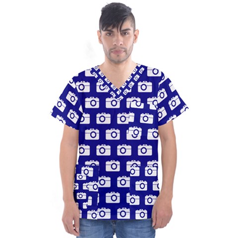 Modern Chic Vector Camera Illustration Pattern Men s V-neck Scrub Top by GardenOfOphir