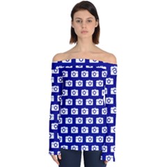 Modern Chic Vector Camera Illustration Pattern Off Shoulder Long Sleeve Top by GardenOfOphir