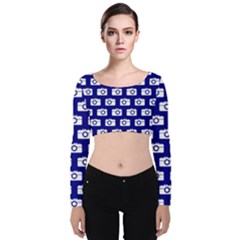 Modern Chic Vector Camera Illustration Pattern Velvet Long Sleeve Crop Top by GardenOfOphir