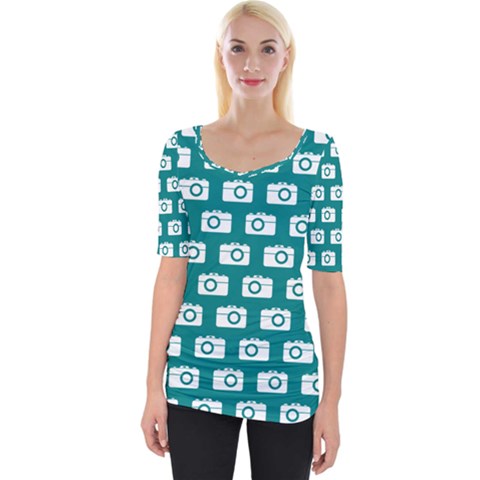 Modern Chic Vector Camera Illustration Pattern Wide Neckline Tee by GardenOfOphir