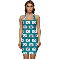 Modern Chic Vector Camera Illustration Pattern Sleeveless Wide Square Neckline Ruched Bodycon Dress by GardenOfOphir