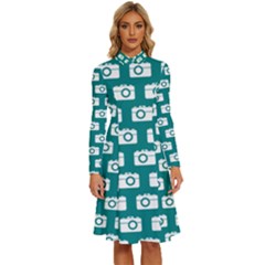 Modern Chic Vector Camera Illustration Pattern Long Sleeve Shirt Collar A-line Dress by GardenOfOphir