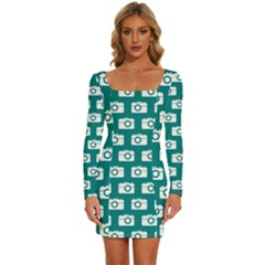 Modern Chic Vector Camera Illustration Pattern Long Sleeve Square Neck Bodycon Velvet Dress by GardenOfOphir