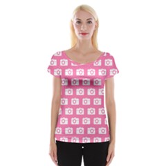 Pink Modern Chic Vector Camera Illustration Pattern Cap Sleeve Top by GardenOfOphir