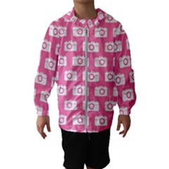 Pink Modern Chic Vector Camera Illustration Pattern Kids  Hooded Windbreaker by GardenOfOphir