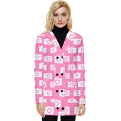 Pink Modern Chic Vector Camera Illustration Pattern Button Up Hooded Coat  by GardenOfOphir