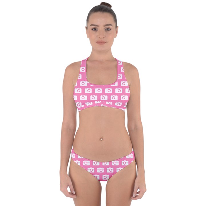 Pink Modern Chic Vector Camera Illustration Pattern Cross Back Hipster Bikini Set