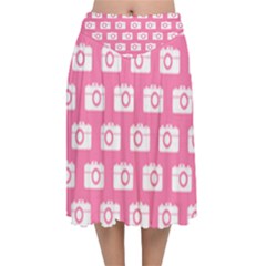 Pink Modern Chic Vector Camera Illustration Pattern Velvet Flared Midi Skirt by GardenOfOphir