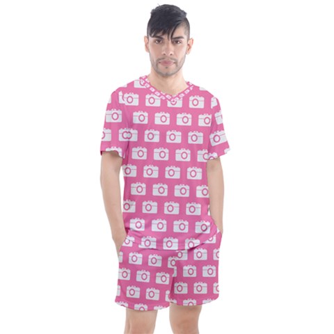 Pink Modern Chic Vector Camera Illustration Pattern Men s Mesh Tee And Shorts Set by GardenOfOphir