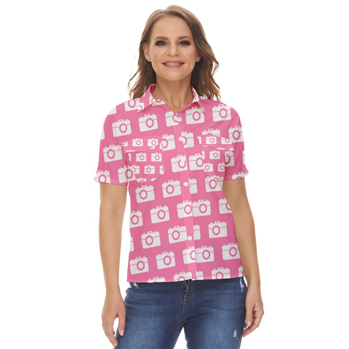 Pink Modern Chic Vector Camera Illustration Pattern Women s Short Sleeve Double Pocket Shirt