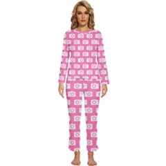 Pink Modern Chic Vector Camera Illustration Pattern Womens  Long Sleeve Lightweight Pajamas Set by GardenOfOphir