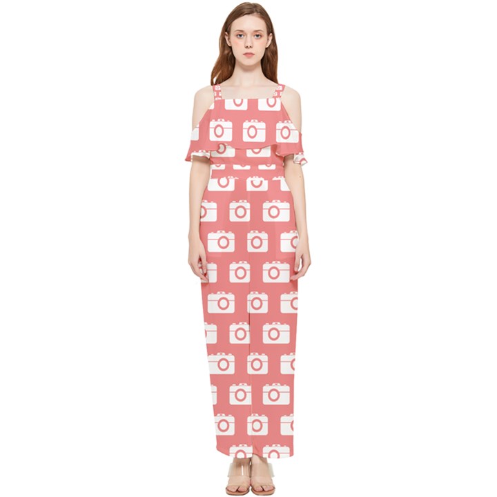 Modern Chic Vector Camera Illustration Pattern Draped Sleeveless Chiffon Jumpsuit