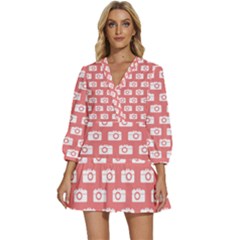 Modern Chic Vector Camera Illustration Pattern V-neck Placket Mini Dress