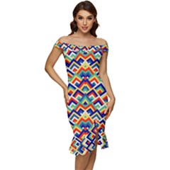 Trendy Chic Modern Chevron Pattern Off Shoulder Ruffle Split Hem Bodycon Dress by GardenOfOphir